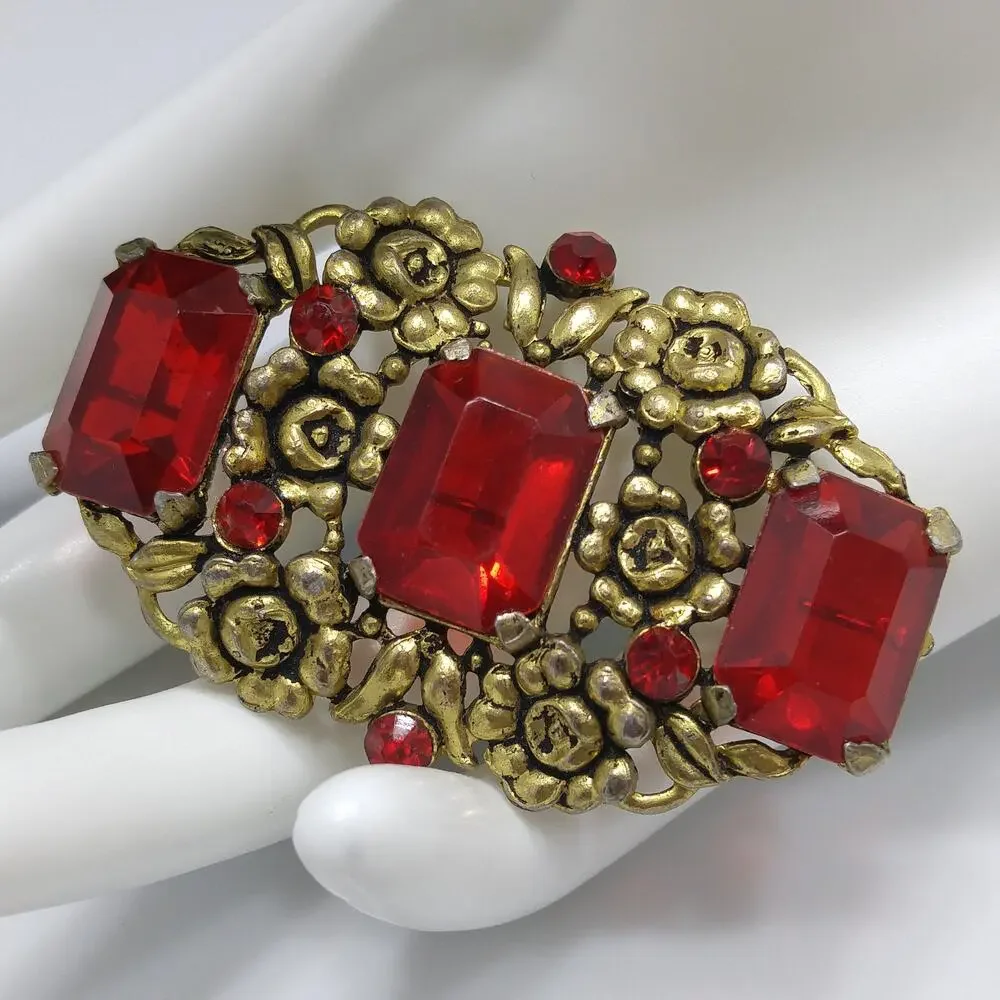 Art Nouveau Red Glass Floral Brooch, Three Red Emerald Cut Stones, 1930s Vintage
